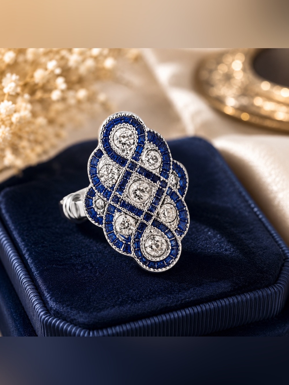 925 Sterling Silver Blue Sapphire Style Ring Size 6 Art Deco Vintage Inspired